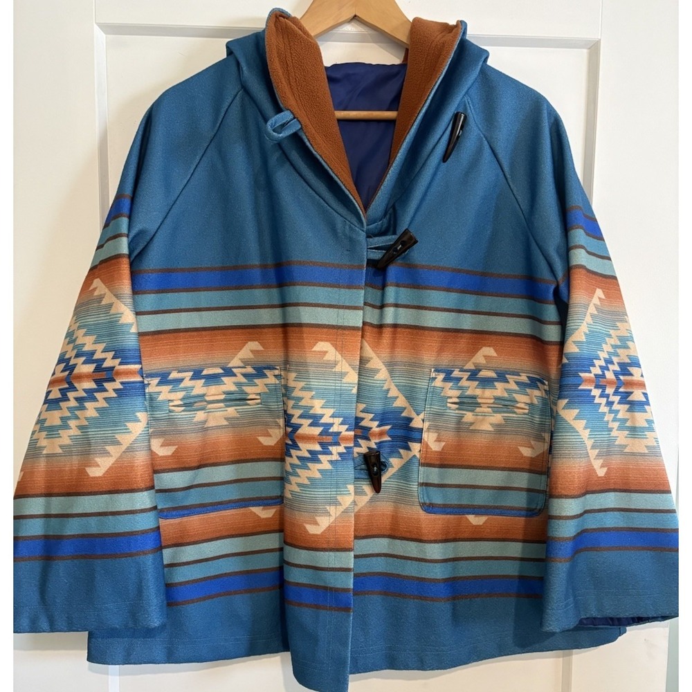 Yellowstone Beth Dutton Blue Aztec Fleece Poncho Cloak Jacket Hooded Women Large